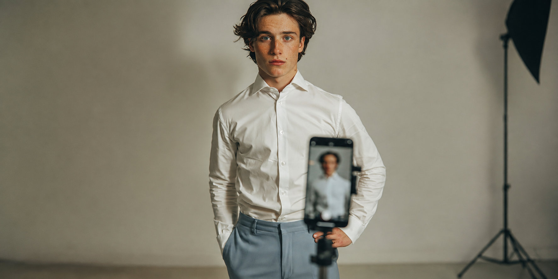 Studio portrait being captured remotely with a phone camera.